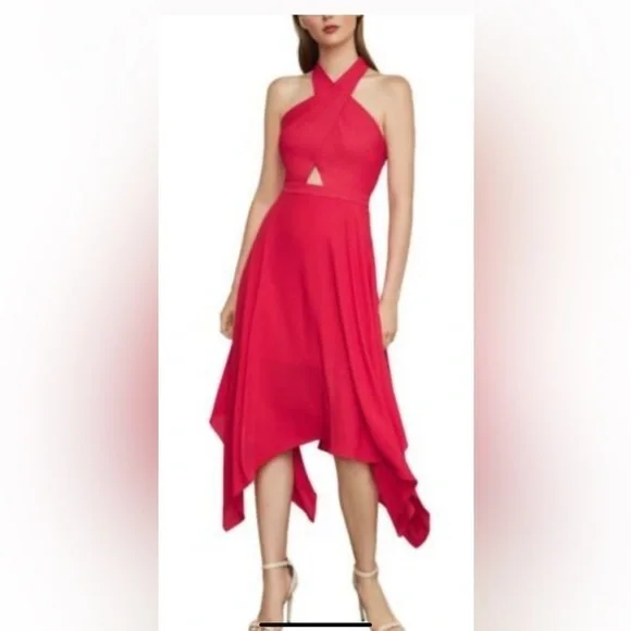 BCBG MaxAzria Annmarie crossover Halter Asymmetrical Dress size 0lipstick  red